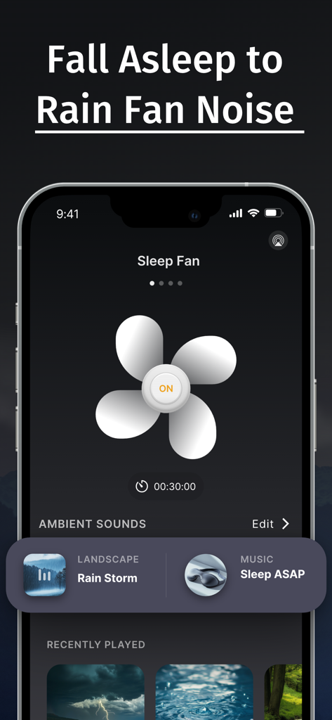 Tap Fan Noise for Sleep - Pantalla de smartphone que muestra la aplicación Tap Fan Noise con un icono de ventilador blanco y opciones de sonido ambiental de lluvia