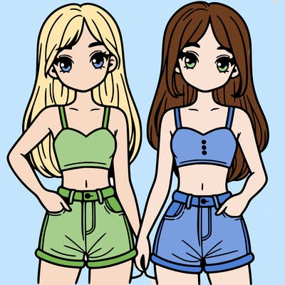 two sisters with crop tops and jean shorts and straight hair