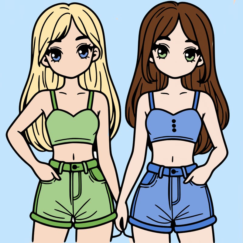 two sisters with crop tops and jean shorts and straight hair