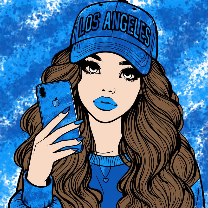 realistic beautiful girl wearing los ángeles cap holding an iphone
