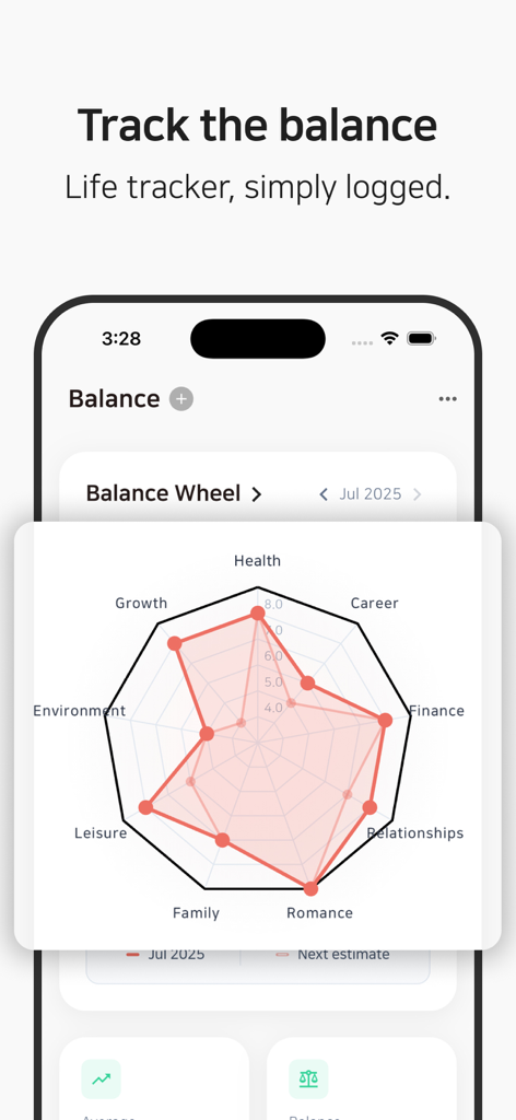 Heuton: self-reflect with AI - Radar chart in the Heuton app showing a life balance wheel with categories like health career and relationships