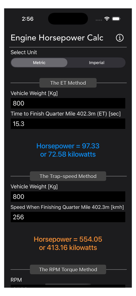 Interface of the Engine Horsepower Calculator app showing ET and Trap speed calculation results