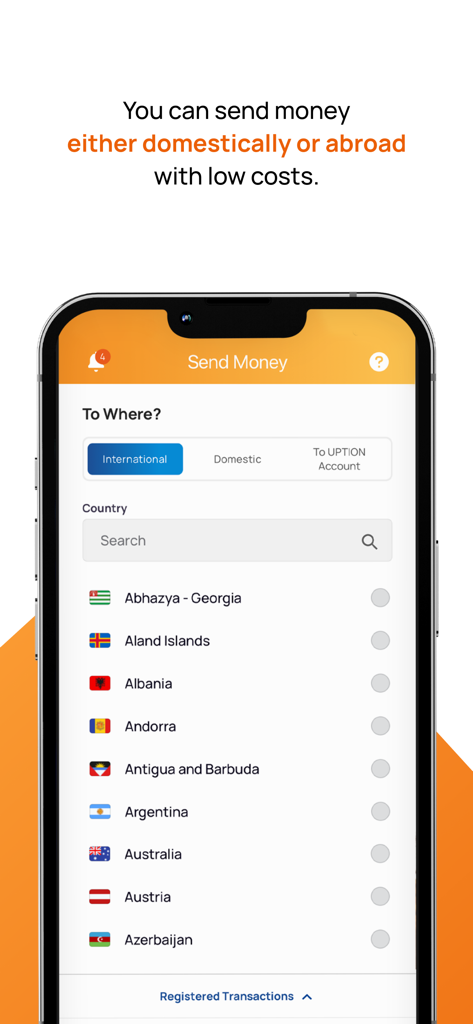 UPTION Para Transferi - The UPTION app interface for sending money internationally showing a list of countries.