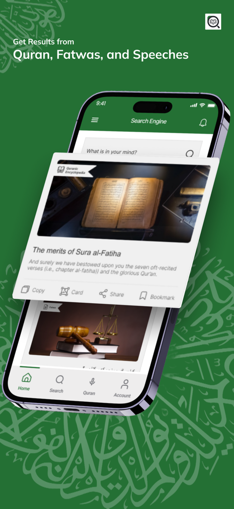 Minhaj Islamic Encyclopedia - Search interface of Minhaj Islamic Encyclopedia app showing results for Quran verses and Fatwas