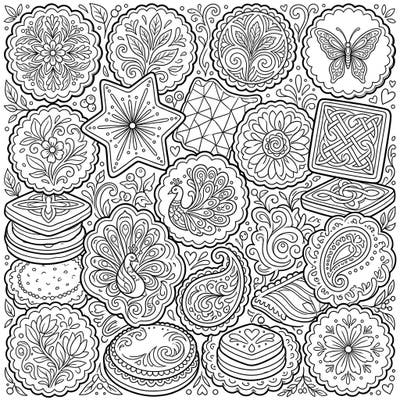 Unleash your artistic flair with this delightful adult coloring page featuring an array of intricately designed shortbread cookies. Each cookie is adorned with unique patterns, from delicate florals to majestic peacocks, promising hours of relaxing and creative enjoyment.