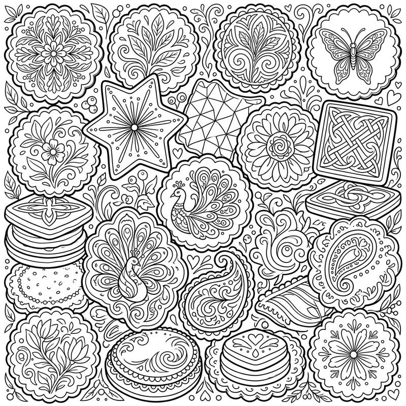 Unleash your artistic flair with this delightful adult coloring page featuring an array of intricately designed shortbread cookies. Each cookie is adorned with unique patterns, from delicate florals to majestic peacocks, promising hours of relaxing and creative enjoyment.