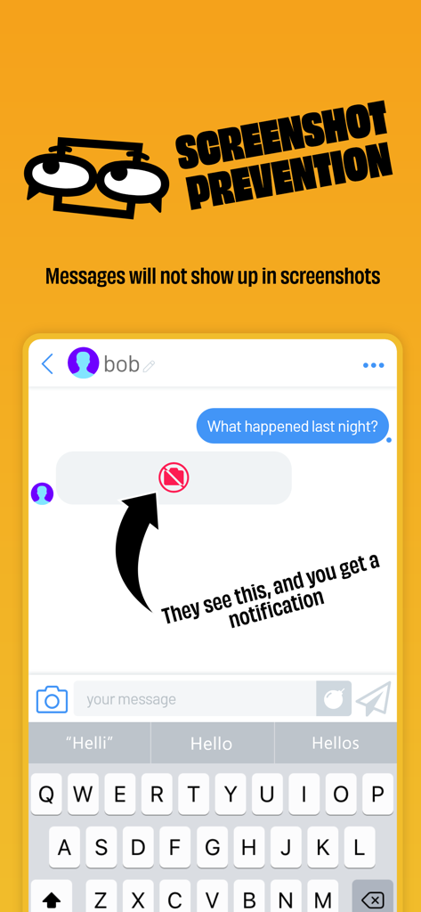 개인 채팅에서 스크린샷 방지 기능과 개인 정보 알림을 보여주는 DatChat 앱 인터페이스