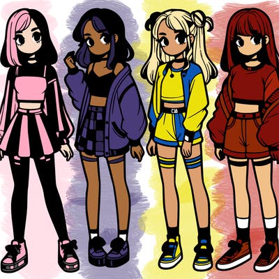 one girl with crop-top shirt and a jacket with a skirt, long socks and another girl with a shirt and pants with a jacket