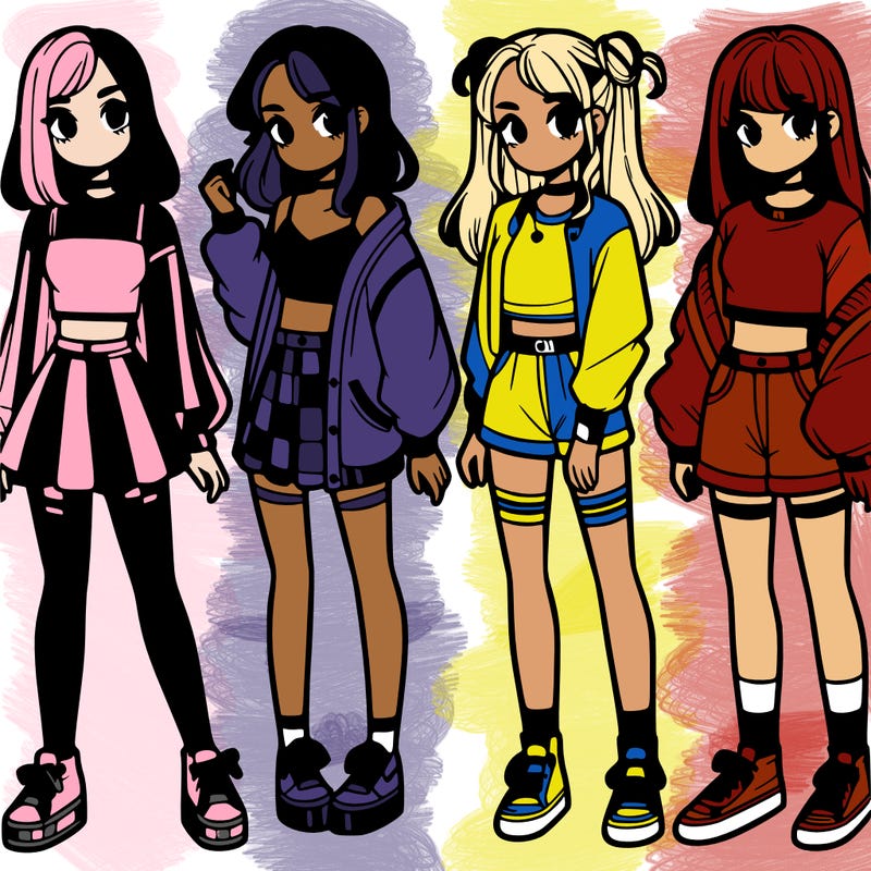 one girl with crop-top shirt and a jacket with a skirt, long socks and another girl with a shirt and pants with a jacket