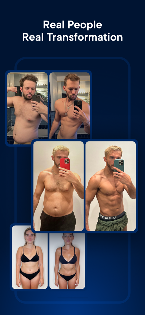 Xeela: Train, Fuel, Transform - Before and after transformation photos of three people showing physical fitness progress.