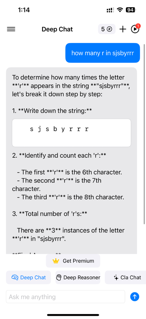 AIChat-deep integration - AIChat mobile interface showing a step-by-step deep reasoning response to a user query.