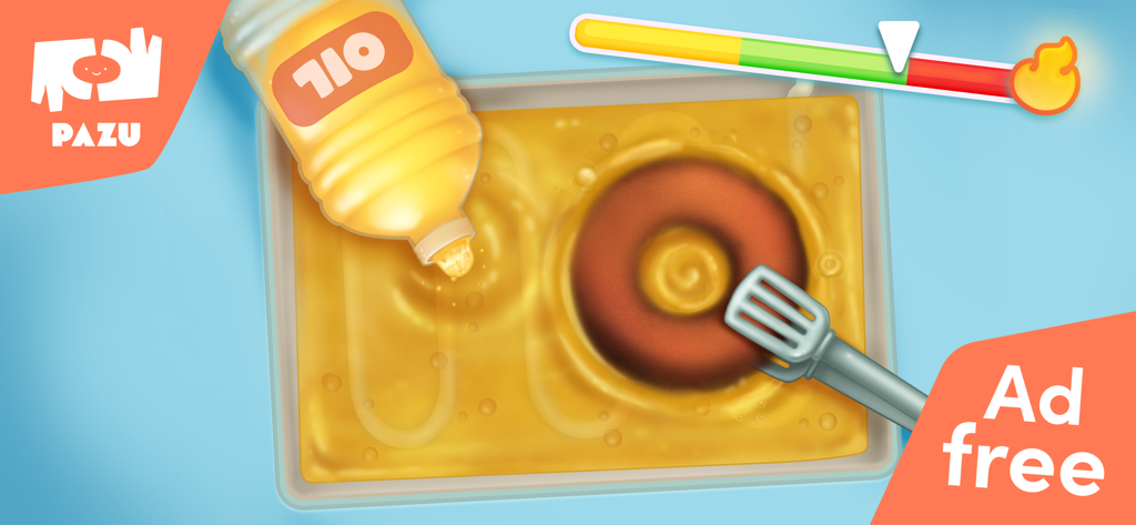 A donut being fried in a vat of oil with a temperature gauge in the Donut Maker kids cooking game