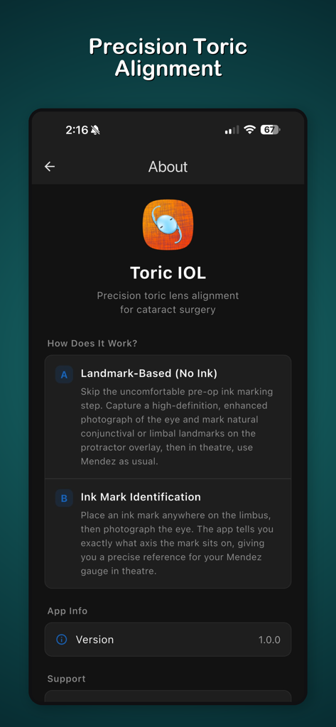 Toric IOL - Information screen of the Toric IOL app explaining surgical alignment methods.