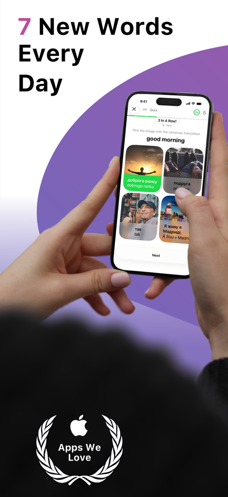 Una persona practicando vocabulario ucraniano usando un cuestionario visual en la aplicación LENGO