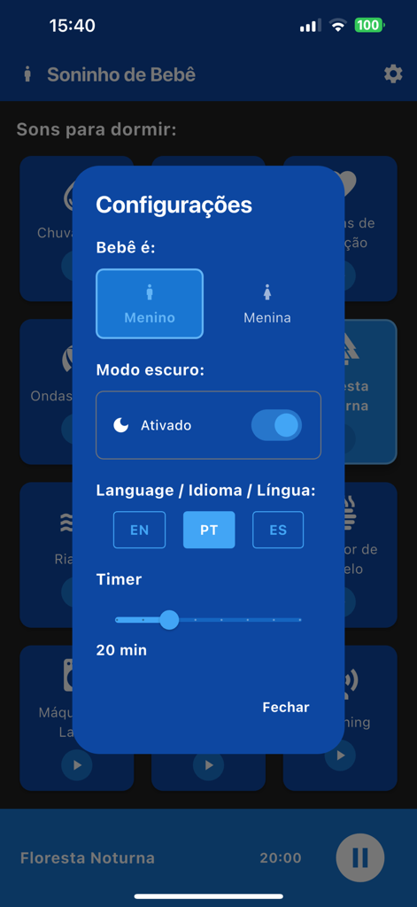Soninho Bebê - Settings menu of the Soninho Bebê app showing the night mode toggle, language selection, and sleep timer slider.