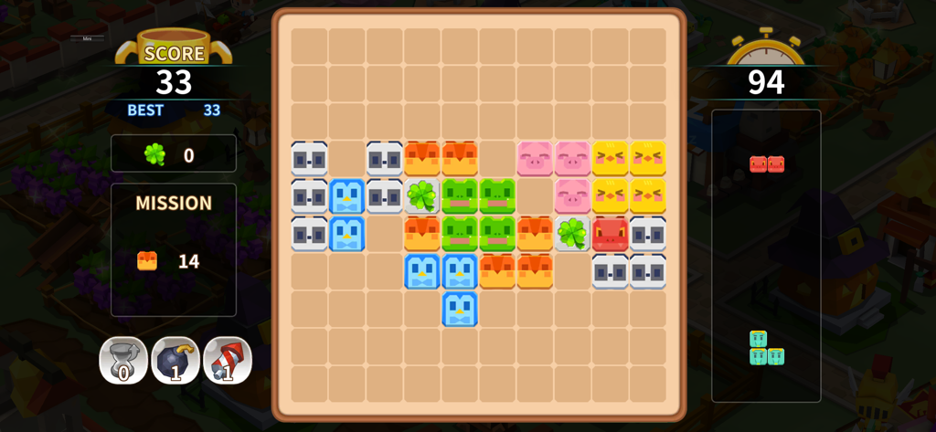 Un minijuego de puzles de bloques en FantasyTown con coloridos bloques con forma de animales en una cuadrícula con iconos de potenciadores.