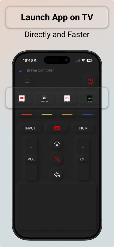 Bravia Controller - Sony TV - Smartphone remote app interface showing shortcut buttons to quickly launch YouTube Netflix and Hulu on a Sony TV
