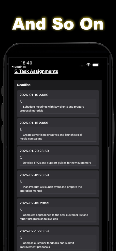 A mobile app screenshot showing a task assignment list with deadlines and project milestones in SlideAI Pro.