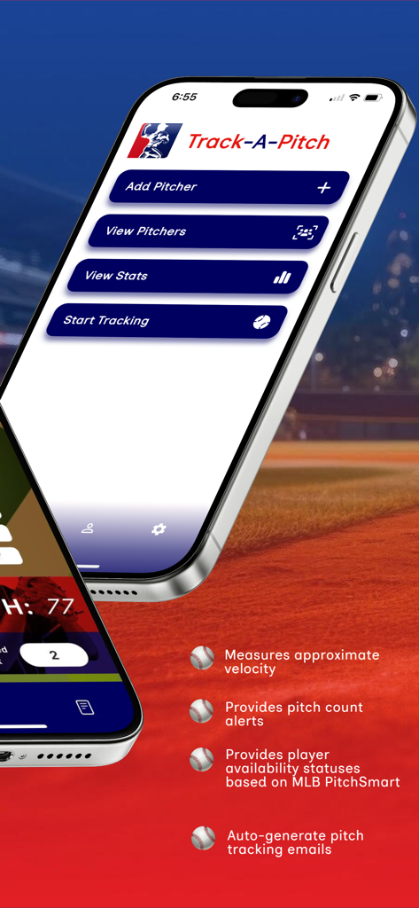 Tela inicial do aplicativo Track-A-Pitch mostrando opções para adicionar arremessadores e visualizar estatísticas em um iPhone