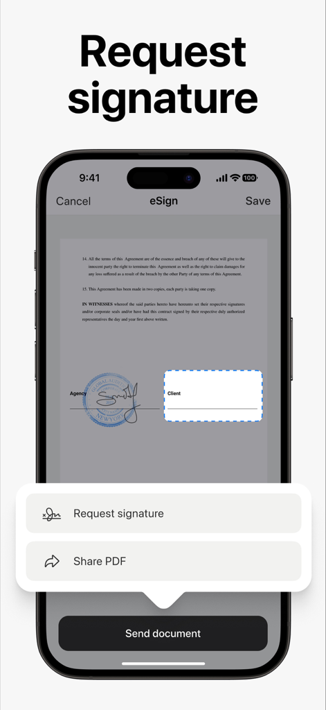 eSign App: Sign PDF Documents - Mobile App-Oberfläche zum Anfordern einer digitalen Signatur auf einem PDF-Dokument