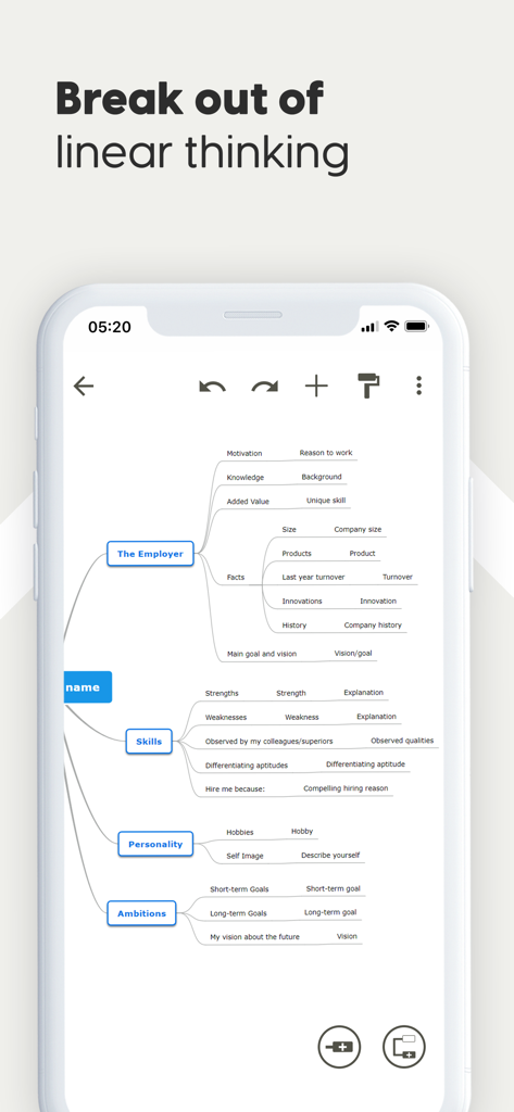 Mind Map Maker - Mindomo - Mindomo mobile app interface showing a mind map to break out of linear thinking