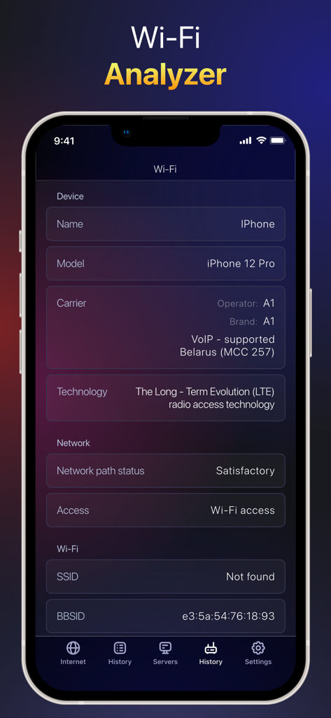 Pantalla de aplicación móvil que muestra información detallada del dispositivo y el estado de la conexión de red