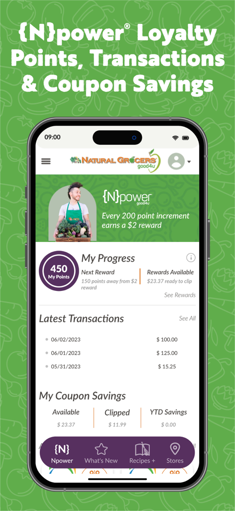 Natural Grocers - Dashboard dell'app Natural Grocers che mostra punti fedeltà, cronologia transazioni e dettagli sui risparmi dei coupon.