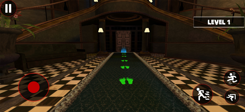 Scary Home: Dark Horror Games - Vestíbulo de mansión oscura con huellas verdes brillantes en la alfombra en el juego Scary Home