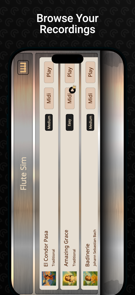 Flute Sim - Un menú en la aplicación Flute Sim que muestra grabaciones de música guardadas con opciones de reproducción y MIDI