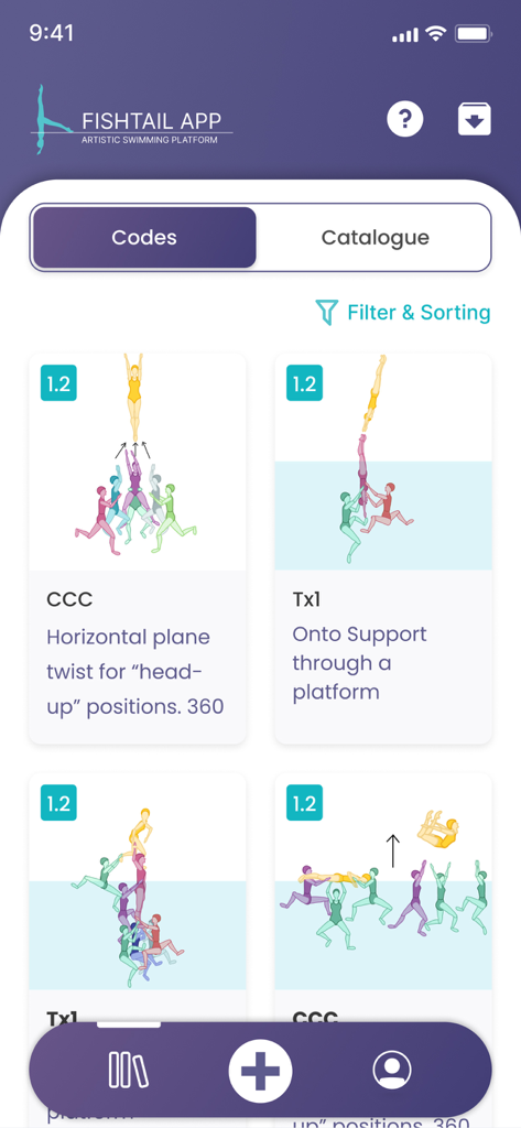 Fishtail App - A screenshot of the Fishtail App displaying a catalog of artistic swimming ACRO codes with difficulty scores and illustrated movement diagrams.