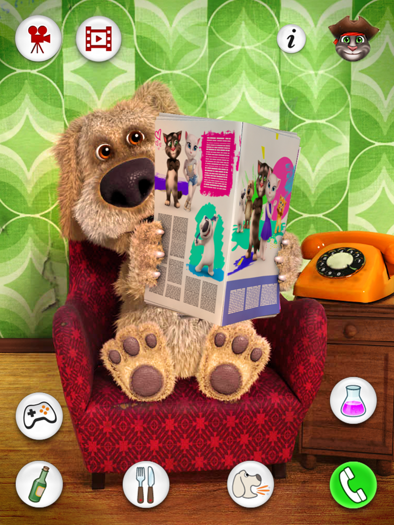 Talking Ben the Dog for iPad - Talking Ben le chien assis dans un fauteuil rouge lisant un journal