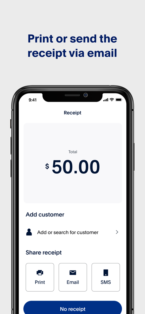 PayPal POS app interface showing receipt options for print email and SMS