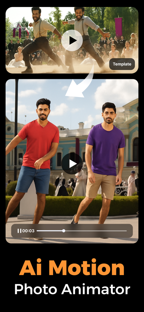 AI Dance Video - AI Face Dance - Interface showing the AI motion photo animator feature turning a photo into a dancing video based on a template