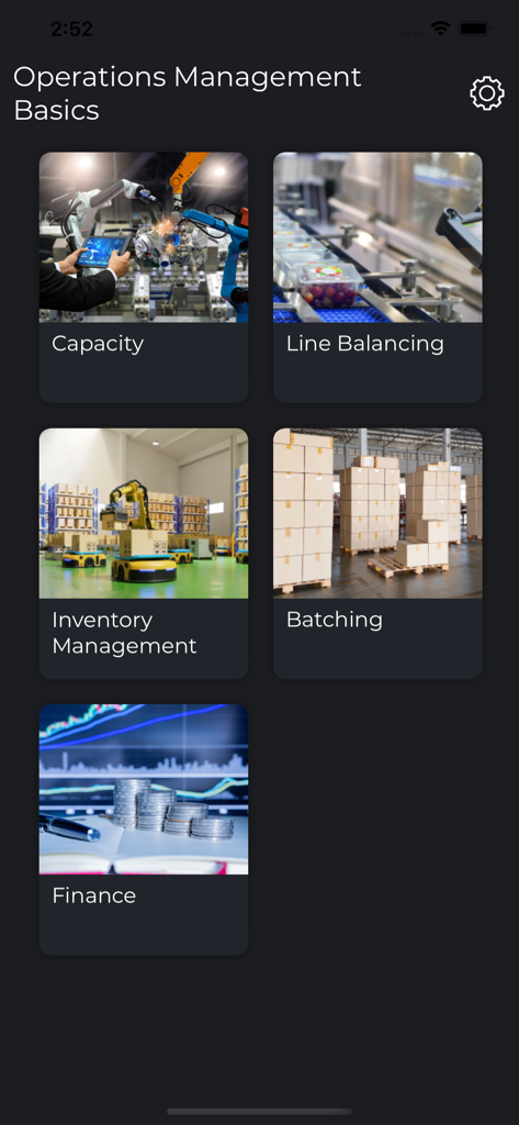 オペレーションズマネジメントの基本アプリのメインメニュー。キャパシティ、ラインバランシング、在庫管理、バッチ処理、財務のモジュールが表示されています。