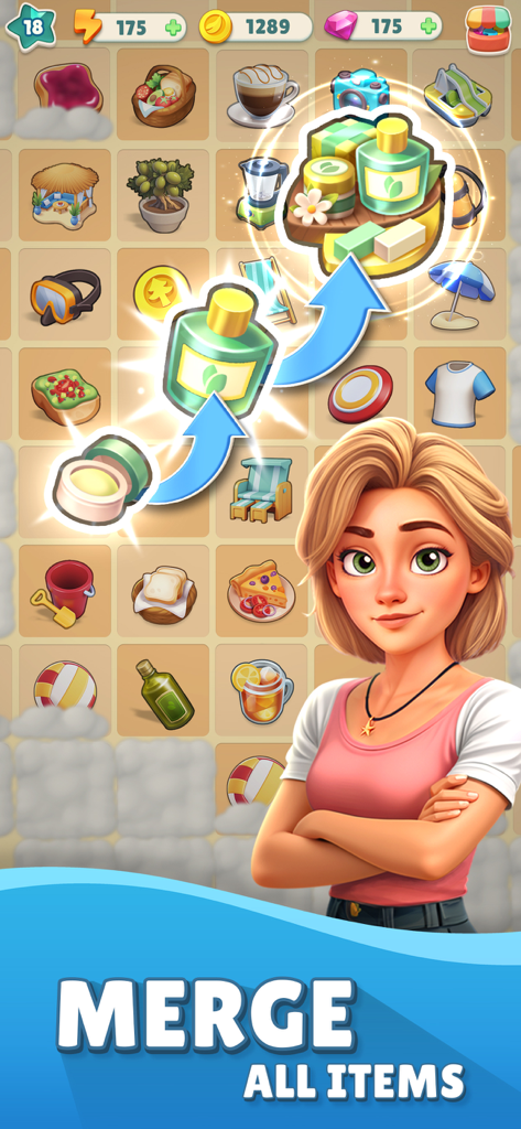 Cozy Coast: Merge Adventure - Gameplay screenshot of Cozy Coast showing a merge puzzle board and a cheerful female character.