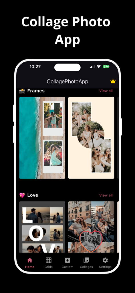 Collage Maker CollagePhotoApp - Pantalla de inicio de Collage Photo App que muestra varias plantillas de collage de fotos y diseños de marcos creativos