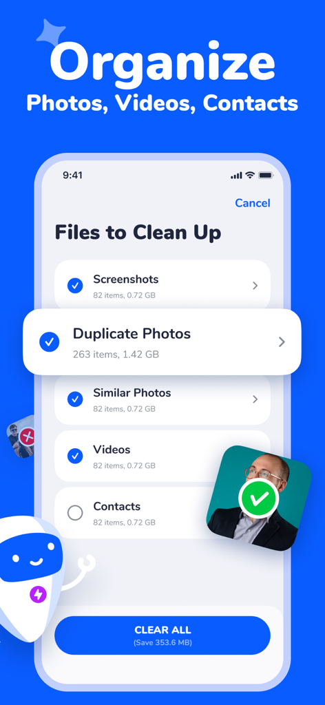 Smart Cleaner・Storage Clean Up - Interface of Smart Cleaner app showing options to organize and delete duplicate photos videos and screenshots to save iPhone storage.