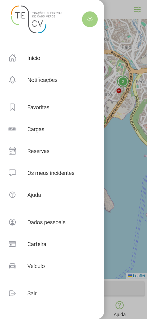 TECV - Side navigation menu of the TECV EV charging management app showing user account options over a map interface.