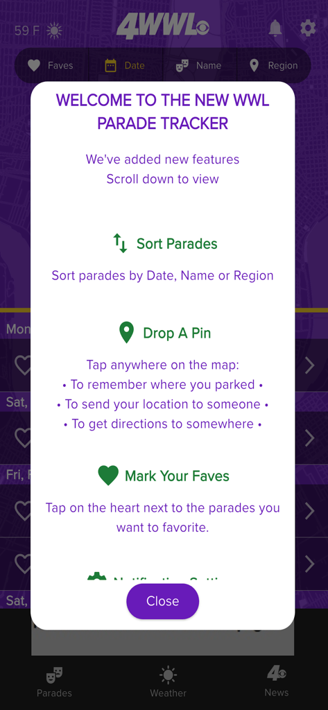Welcome screen of the WWL Parade Tracker app highlighting new features like parade sorting and dropping a pin on the map.