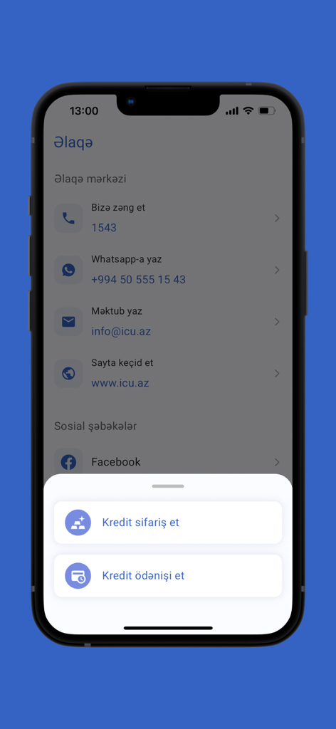 İnternational BOKT - Contact screen of the International BOKT app showing customer support channels and buttons for ordering or paying loans.