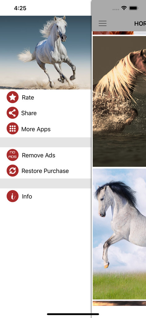 Horse Wallpapers & Backgrounds - Seitenmenü der App Pferde-Hintergründe und -Wallpaper mit einem weißen Pferd und Navigationsoptionen