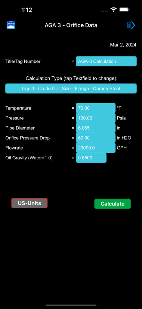 AGA-3 Orifice app interface showing crude oil flow rate calculation parameters in US units