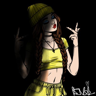 realistic teenage girl with braids and a beanie and crop top doing 🫶🏼