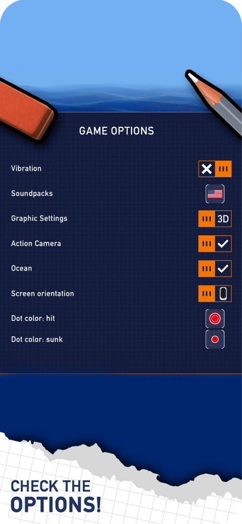 Fleet Battle: Sea Battle game - Fleet Battle game options screen showing settings for vibration soundpacks and graphics