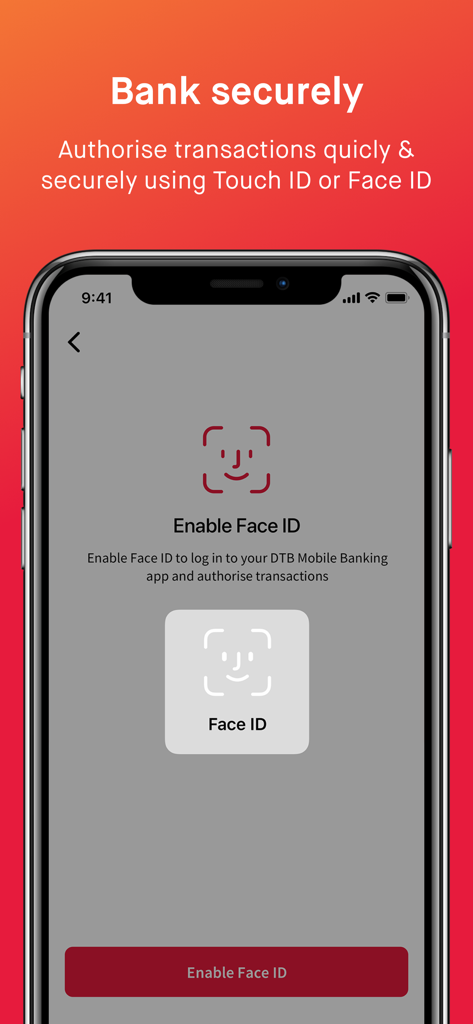 DTB 24/7 - Écran de configuration pour la reconnaissance faciale sur l'application mobile DTB 24/7 pour une connexion sécurisée et l'autorisation des transactions