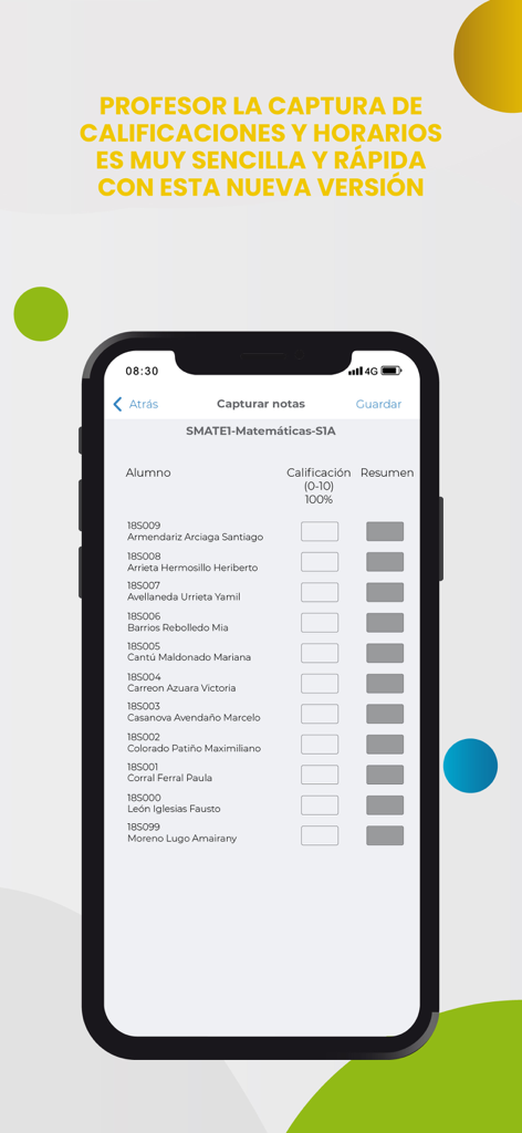 Interface móvel do aplicativo Servoescolar Movil mostrando um professor registrando notas e avaliações de alunos em uma tela de smartphone.