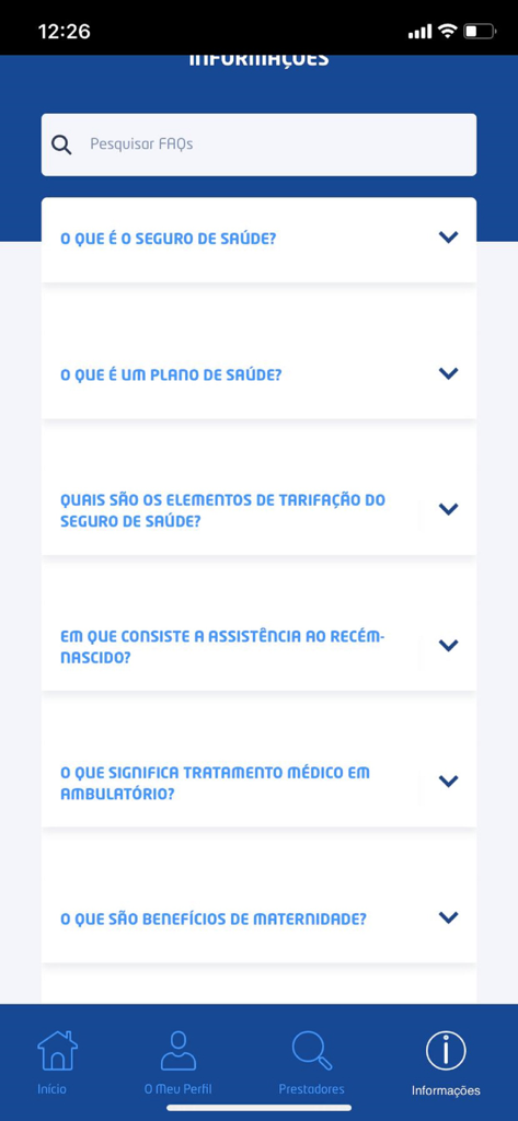 Ensa Saúde - Tela de Perguntas Frequentes do aplicativo Ensa Saude com uma barra de pesquisa e uma lista de perguntas expansíveis sobre seguro de saúde e cobertura