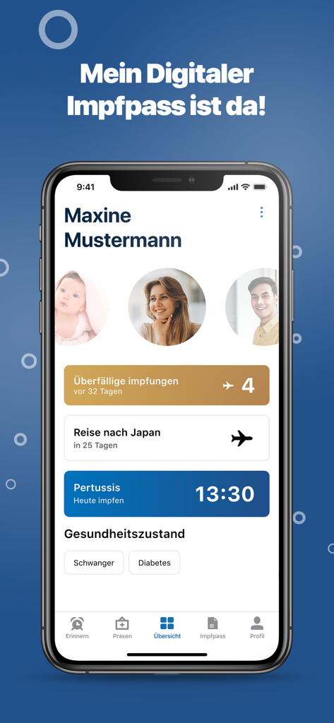 impf.app - Panel de la aplicación móvil de impf.app que muestra perfiles de vacunación familiar, alertas de inmunización vencidas y planificación de salud para viajes a Japón.