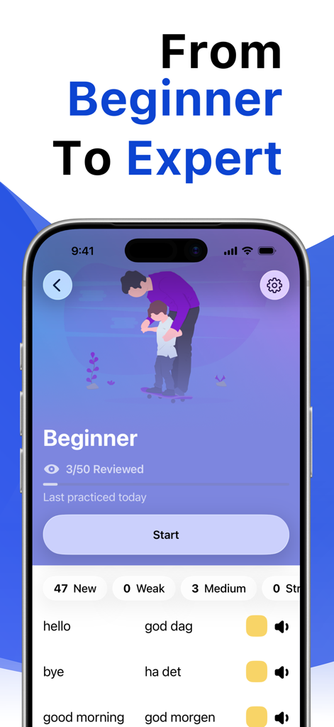 L'interfaccia dell'app LENGO mostra lezioni di vocabolario norvegese per principianti e progressi nell'apprendimento
