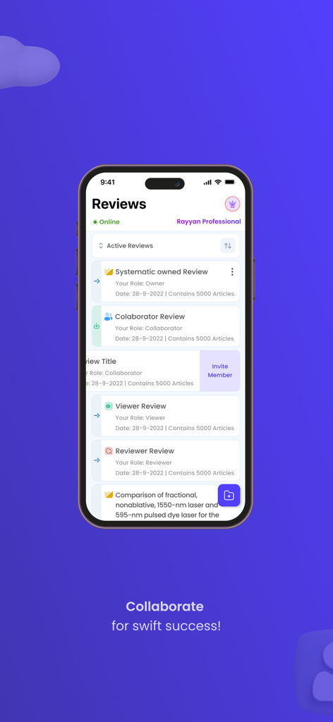 Smartphone screen displaying the Rayyan app reviews dashboard with collaborative research projects